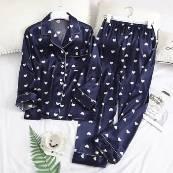 

Satin Print Shirt&Pants Spring Autumn New Women 2PCS Pajamas Set Sleepwear Silky Nightwear Pijamas Bathrobe Casual Homewear