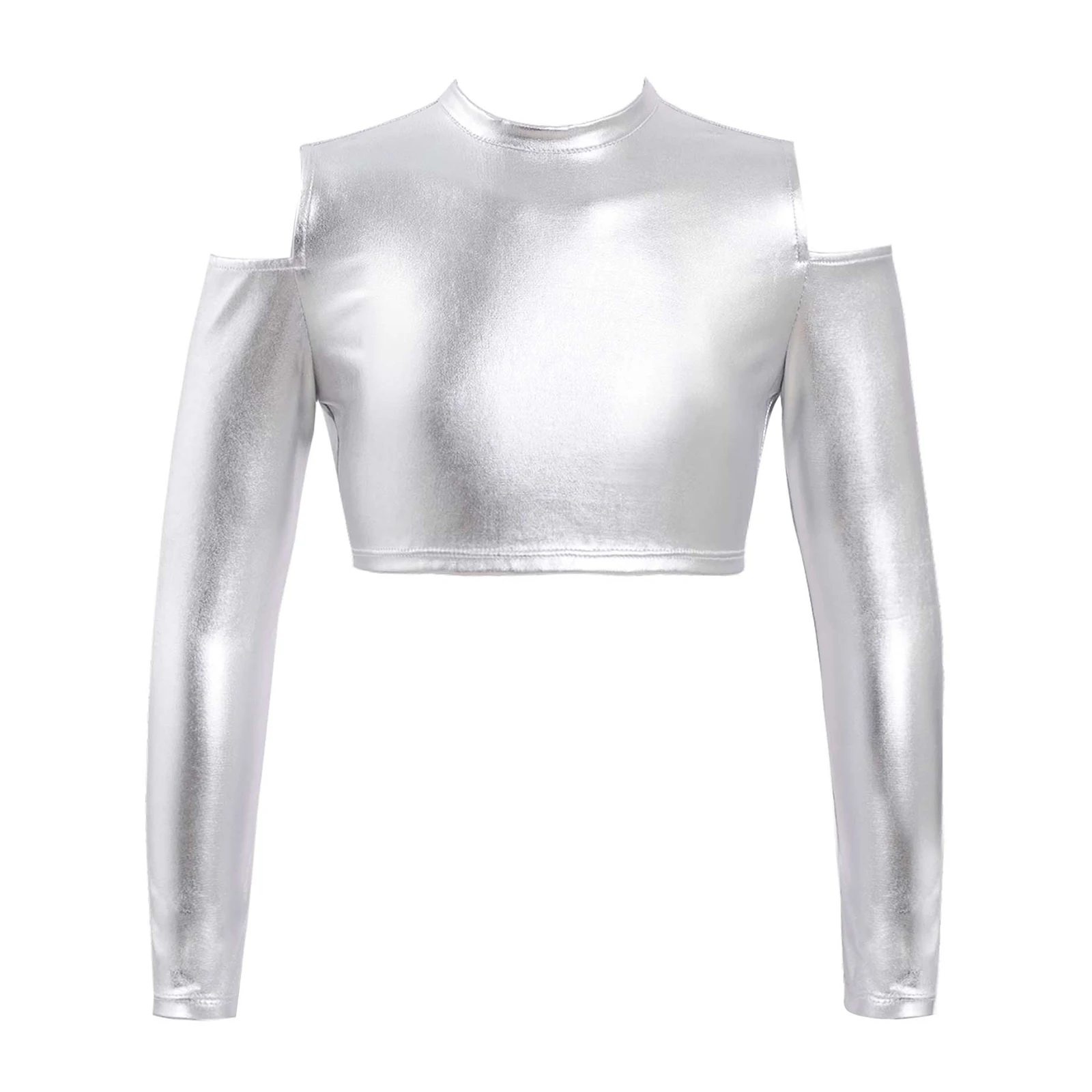 

Kids Girls Long Sleeves Off Shoulder Glossy Metallic Tops Crop Top For Ballet Jazz Street Dancing Performance Gymnastics Workout