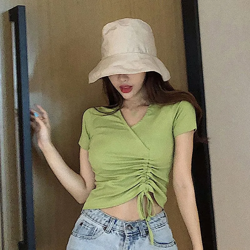 

T Shirt Women Summer Solid Color Casual Tops Fashion Drawstring Short Sleeve T-Shirt Women Sexy V-neck Slim Crop Top NS