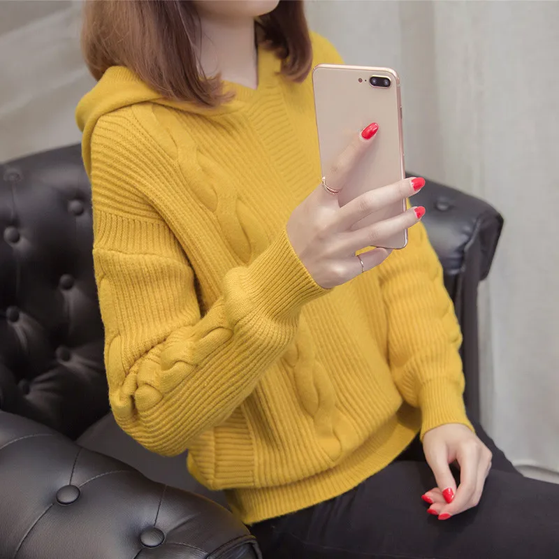 2020 Vintage Women Sweater New Fashion Hooded Pullover Winter Knit Basic Tops Autumn Loose Female Knitwear Outerwear Coats | Женская