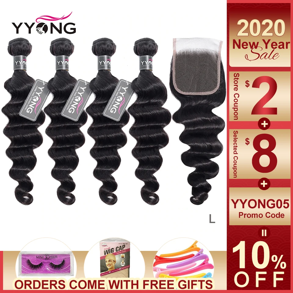 Najtaniej Yyong włosów 3 4 brazylijski luźne głęboka fala wiązki z zamknięciem 100% Remy ludzkie włosy splot wiązki z zamknięcie koronki mogą być barwione