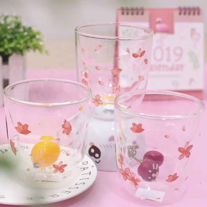 Двухслойное стекло Sakura rabbit, креативная Милая стеклянная чашка, материал из боросиликатного стекла