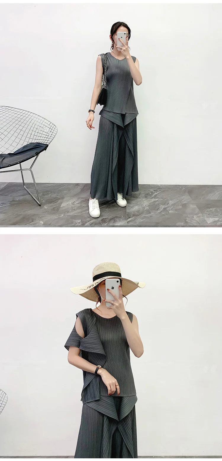Miyake складывающийся костюм весна, необычный Топ, повседневные Прямые брюки двухсекционная Высококачественная женская одежда clothes платье юбка платья для девочек эльза