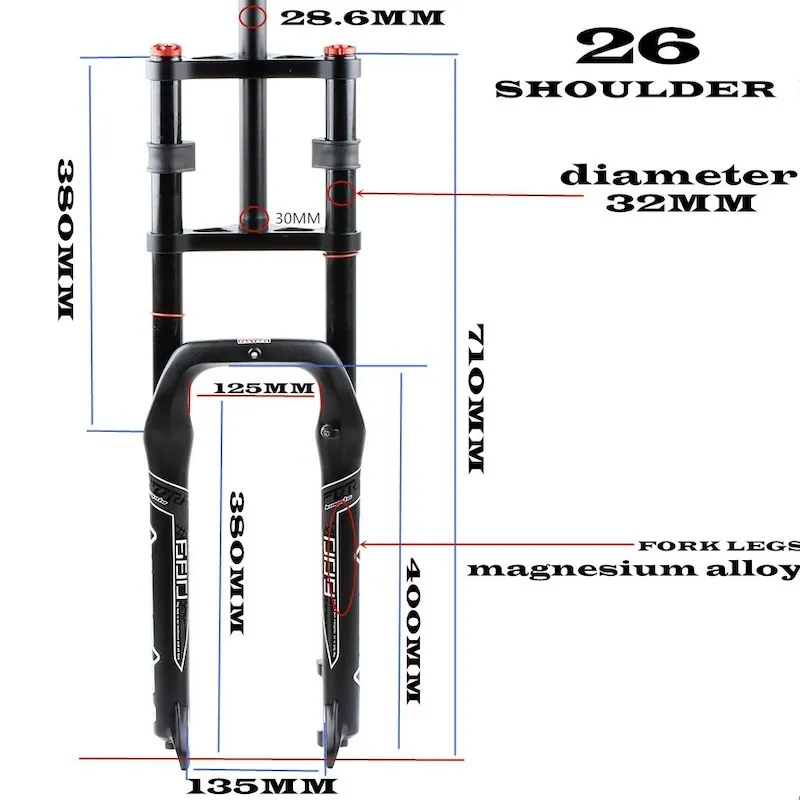 Fat Tire MTB Bicycle Two-Shoulder Dual Crown Air Suspension Fork Shock Absorber 26*4.0 Quick Release 135MM Adjustable Damping