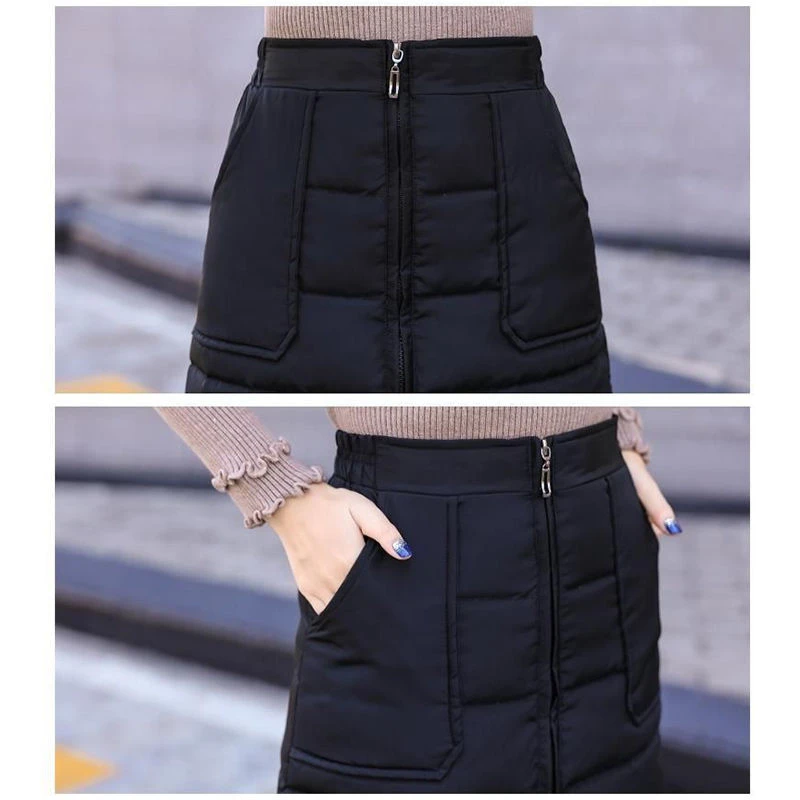 Зимняя женская эластичная черная пуховая юбка с высокой талией, Толстая теплая облегающая юбка на молнии, женская новая модная юбка размера плюс 4XL