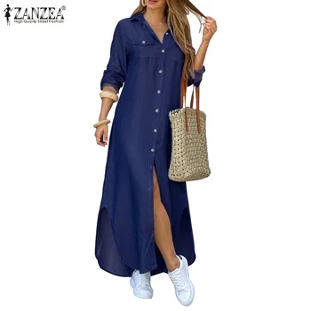 

ZANZEA Women Long Maxi Dress Casual Solid Buttons Down Long Shirts Vestidos Cotton Linen Sundress Lapel Neck Party Beach Dresses
