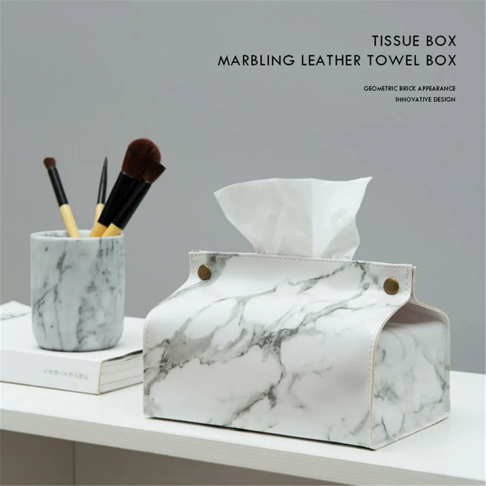 

Chic Tissue Case Box Container PU Leather Marble Pattern Home Car Towel Napkin Papers Dispenser Holder Box Case Table Decoration