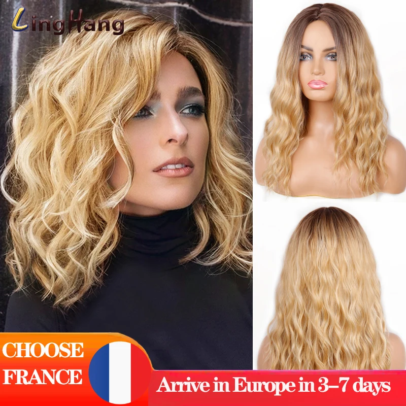 Cut Rate Wavy Wig Short Blonde Cosplay Brown LINGHANG Black Synthetic Ombre Women Heat-Resistant BEpOxL9pY