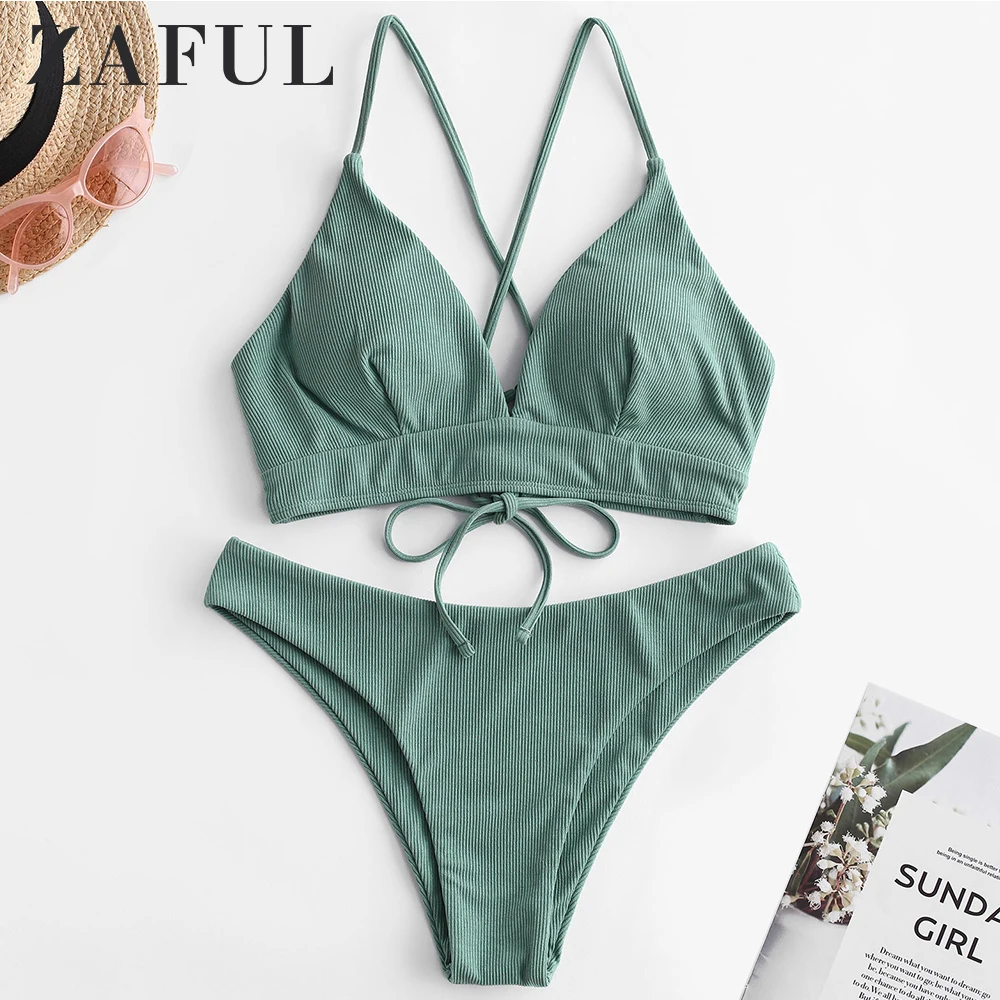 

ZAFUL Ribbed Lace Up Padded Bikini Swimwear Women Spaghetti Straps Solid Padded Bathing Suit Basic Two Pieces Swimsuit Summer