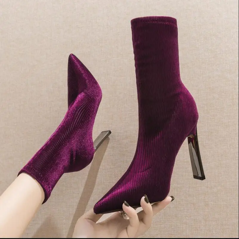 

High-heeled Stretch Boots Women 2019 New Short Boots Female Pointed toes Bootie Slip on Slim Winter Shoes Woman Purple Black