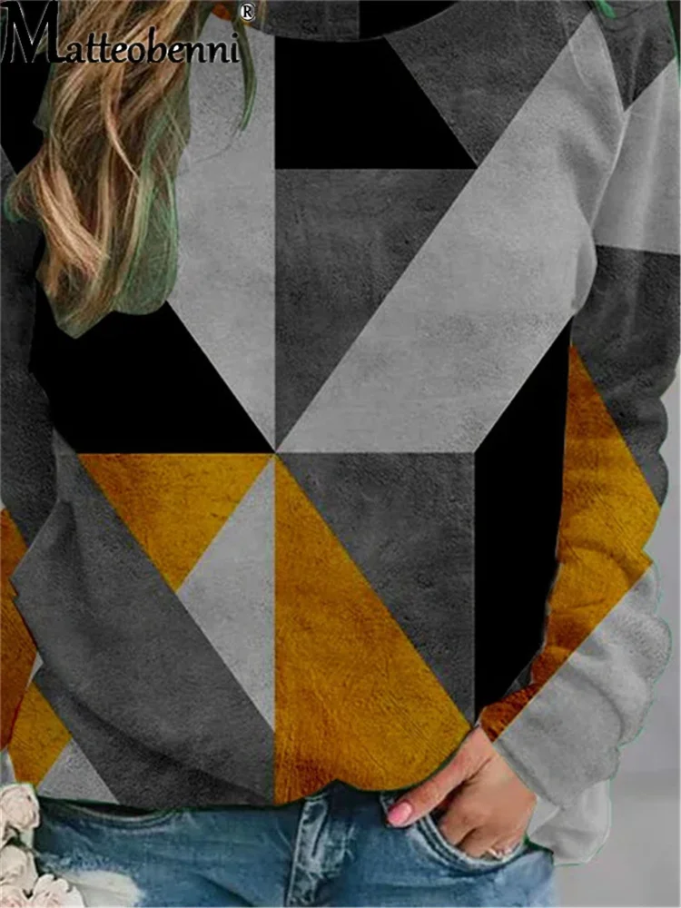 Geometric V Neck Printed Loose Sweatshirt Tops Autumn Women's Casual Vintage Street Oversize Long Sleeve Large Size Pullover