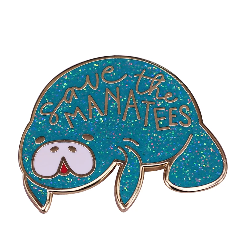 Save the Manatees Lapel Pin Sea Life Activist Glitter Decor