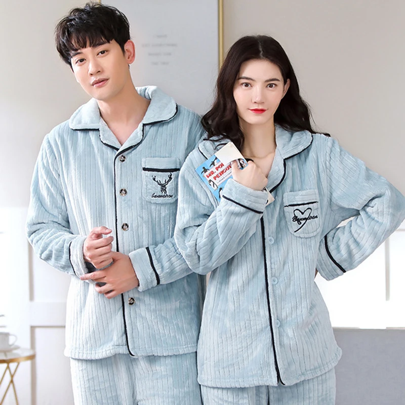 Couple Winter Pajama Sets Long Sleeve Thick Sleepwear for Men and Women Coral Velvet Flannel  Sleepwear Couple Casual Homewear