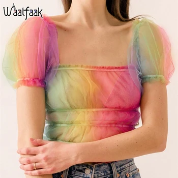 

Waatfaak Tie Dye Rainbow Transparent T Shirt Women Puff Sleeve Sexy Cropped Harajuku T-shirt Summer Activewear Ruched Tee Shirt