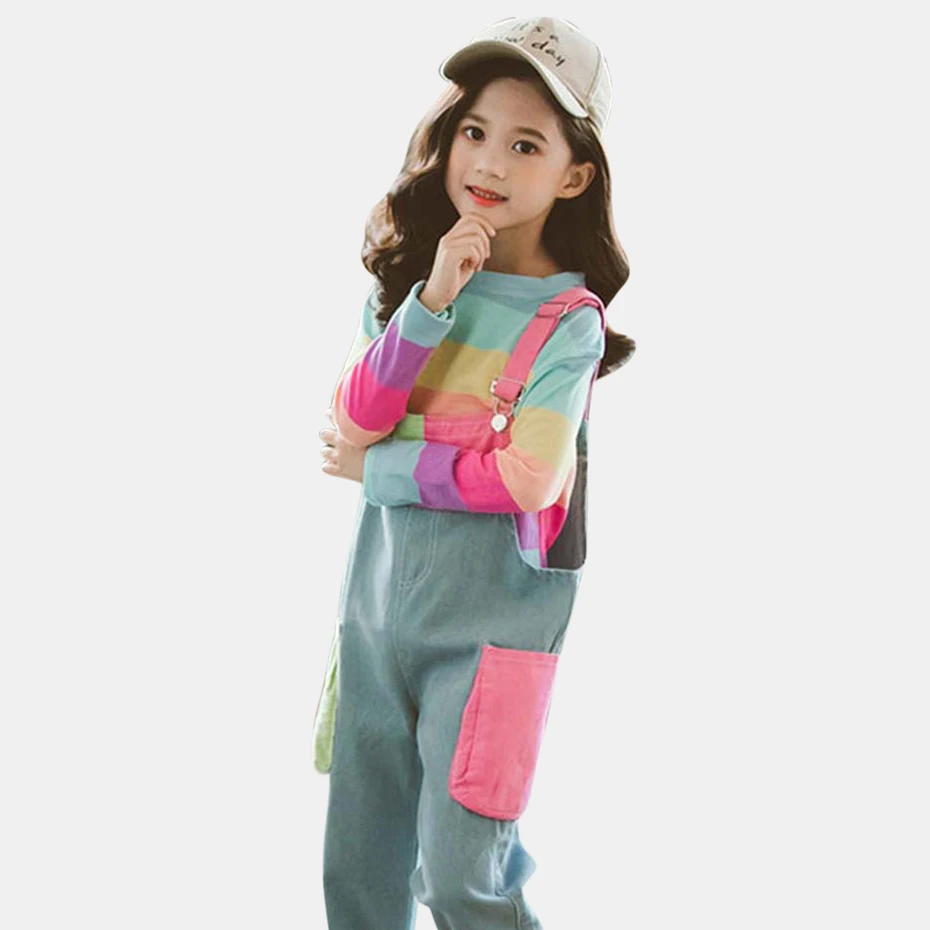 

Children Clothes Denim Overalls & T Shirt Girls Outfits Fashion Patchwork Girls Clothing Sets Fall Children's Clothing For Girls