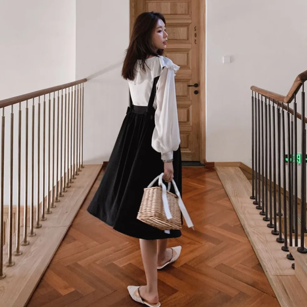 

Photo Shoot INS Hepburn-Style Black And White with Pattern Suspender Strap Dress Women's 2019 Summer Versatile V-neck Lace-up Bi