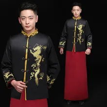 Мужской красный cheongsam тост костюмы костюм жениха куртка длинное платье Традиционный китайский стиль Свадьба Qipao для мужчин вышивка Тан костюм