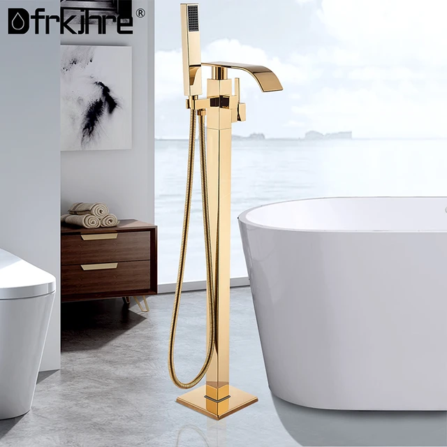 Modern Style Floor Mounted Tub Shower Faucets Unique Design Single Handle  Brass Tub Filler Home Bathroom Free Standing Bathtub Shower Taps, Gold  Finish 