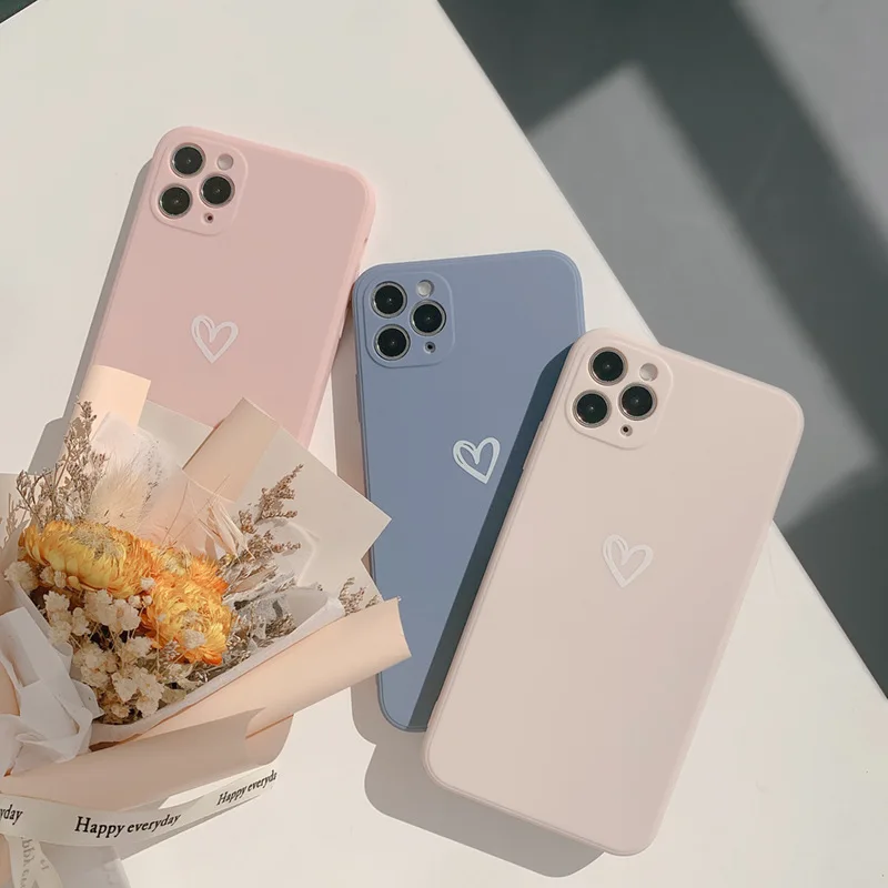 Simple Solid Color Love Heart Korean Phone Case For iPhone 11 Pro Max Xr X Xs max 7 8 Puls Se 2020 Cases Soft Silicone Cover