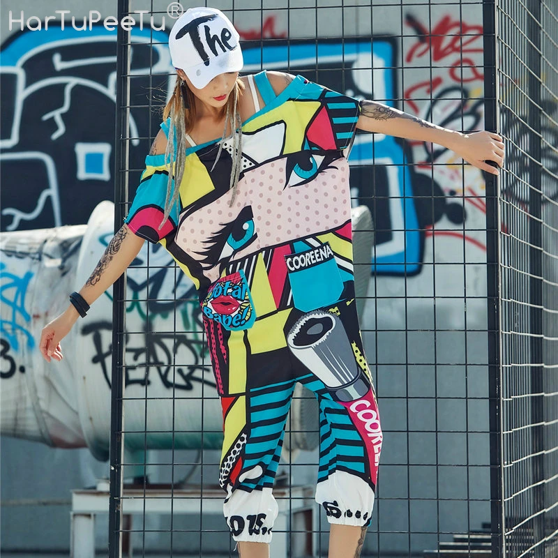 

Plus Size Jumpsuit Women Summer 2020 Hip Hop Overalls Loose Casual Funny Colourful Print Pocket Back Zipper Elastic Bunch Bottom