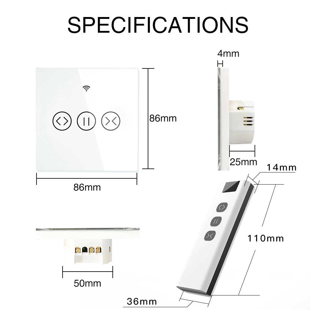WiFi RF433 Smart Touch Curtain Roller Blinds Motor Switch Tuya Smart Life App Remote Control Works with Alexa Google Home