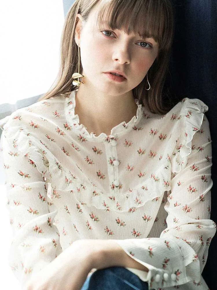 

White Tulle Top Transparent Blouse Spring Summer 2020 Long Sleeve Shirt Women Mandarin Collar Print Chiffon European Fashion
