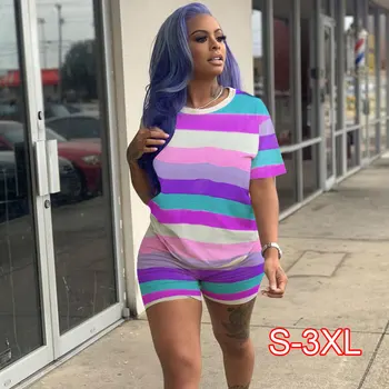 

Rainbow Striped Plus Size Two Piece Set Tracksuit Women Sexy Top+Biker Shorts Sweat Suits 2 Piece Outfits Matching Sets