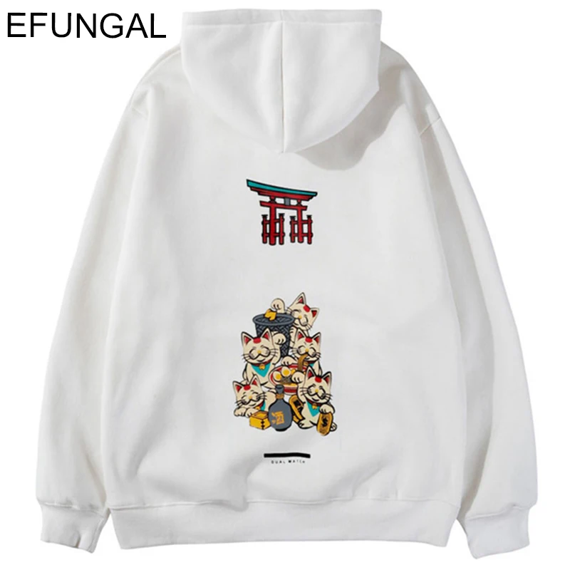EFUNGAL Японская уличная одежда пуловер с принтом «Lucky Cats» толстовки с капюшоном Harajuku толстовки модная повседневная толстовка в стиле хип-хоп пальто