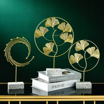 

Golden Ginkgo Leaf Model Home Office Decor Accessories Gifts Metal Ginkgo Biloba Figurines Wrought Iron Flower Plant Ornament