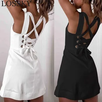 

Sundress Summer Backless Criss Cross Mini Dress Women Sleeveless Bow White Summer Dress Sexy Off Shoulder Black Slim Party Dress