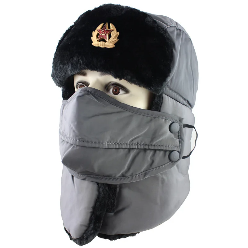Советские значки ушанка уличная холодная Northeast Толстая плюс бархатная Мужская WO Мужская зимняя велосипедная теплая зимне наушники шапка - Цвет: Серый