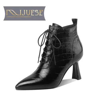 

MLJUESE 2021 women Ankle boots Cow leather Winter short plush Pointed Toe Zipper High heels female boots size 39