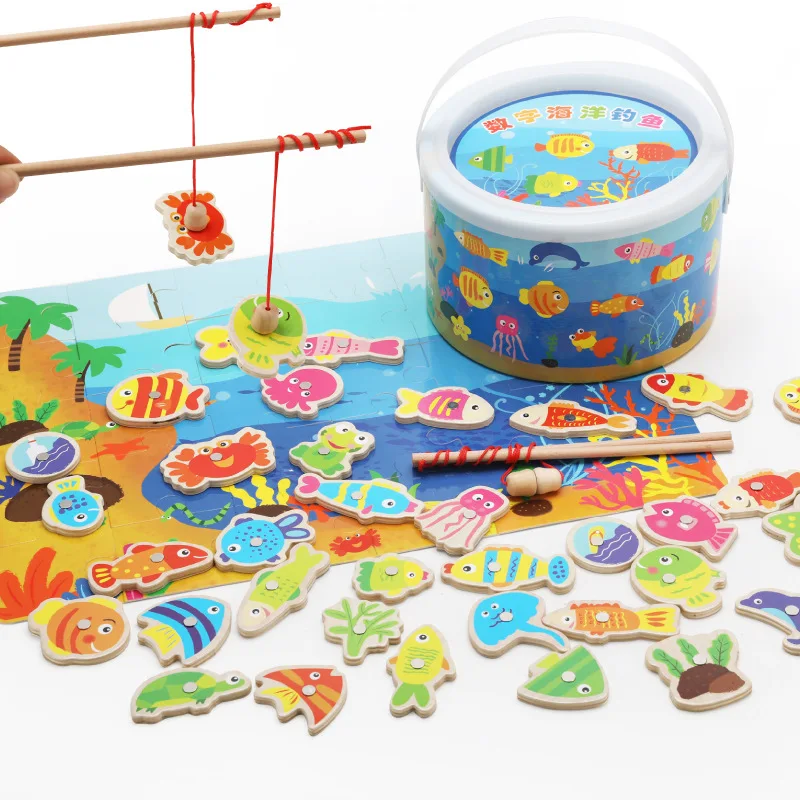 MWZ развивающие рыболовные игрушки с цифрами океаны 40 рыбы деревянные детские игрушки оптом
