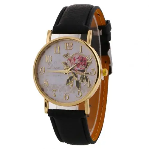 Женские часы, кварцевые наручные часы с арабским номером и розами, круглый циферблат, искусственная кожа, кварцевые наручные часы, новинка - Цвет: Черный