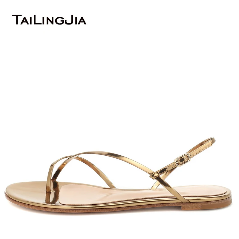 

2021 Gold Flats Thong Bare Sandals Women Summer Flat Strappy Beach Shoes Ladies Toe Ring Sandals Buckle Strap Woman Footwear