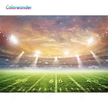 

Sporting Events Competition Site Photography Green Lawn Modern Filed with Lights Colorful Clouds Dusk Backgrounds Booth Backdrop