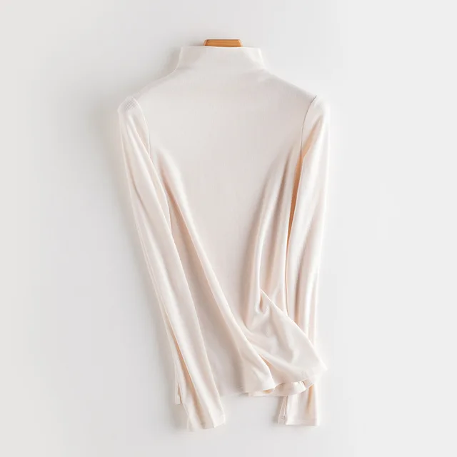 SuyaDream Women Bottoming T Shirt Real Silk Blend Long Sleeves Solid Basic Shirt 2021 Autumn Winter Turtleneck Top Cream Mock N