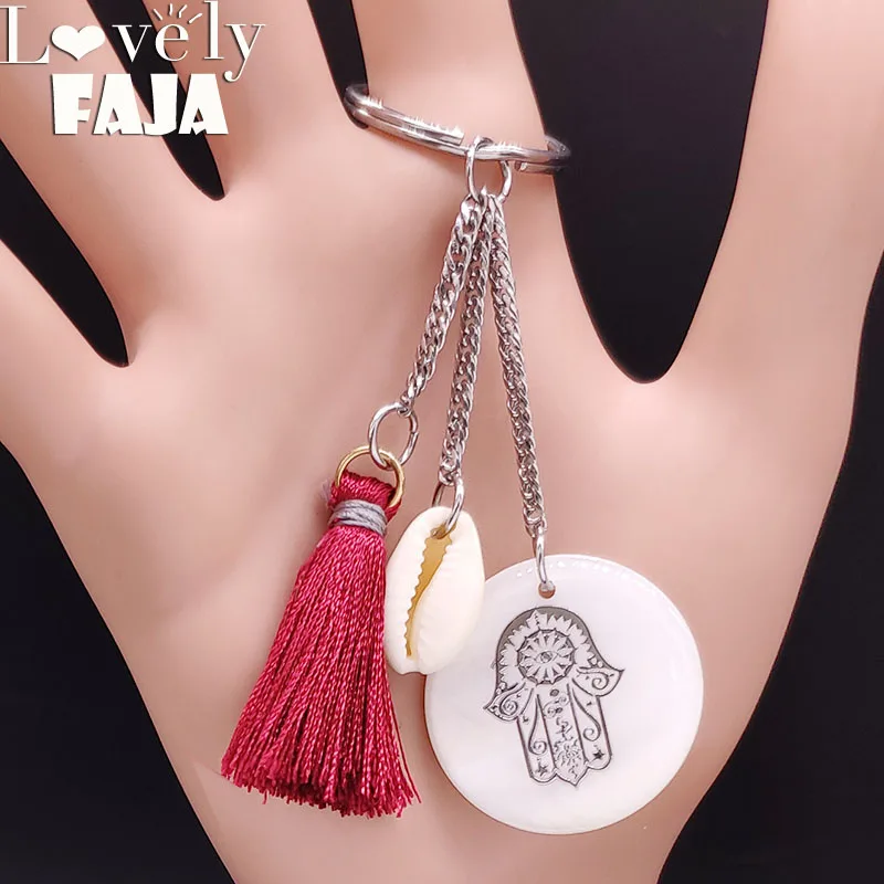 

2019 Fashion Hamsa Hand Shell Stainless Steel Bag Charm for Women Silver Color Keyring Jewelry porte clefs bijou de sac K77642B