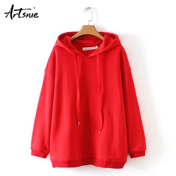 

Artsnie red casual sweatshirt women autumn 2019 long sleeve drop shoulder hoodie pullover streetwear knitted loose sweatshirts
