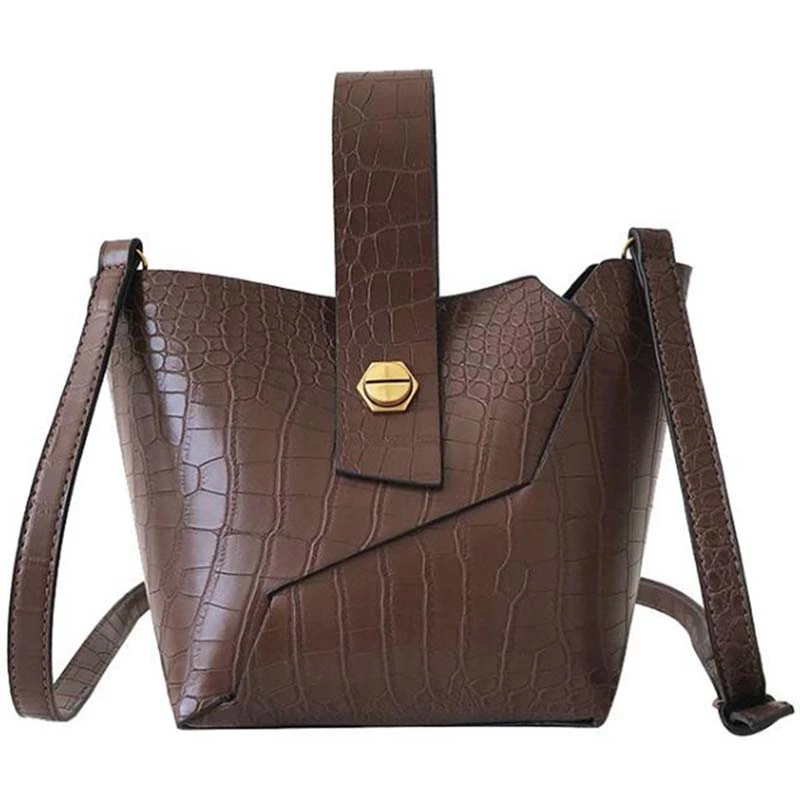 

Vintage Fashion Female Tote Bag Pu Leather Women'S Designer Handbag Alligator Bucket Bag Shoulder Messenger Bag(Dark Brown)