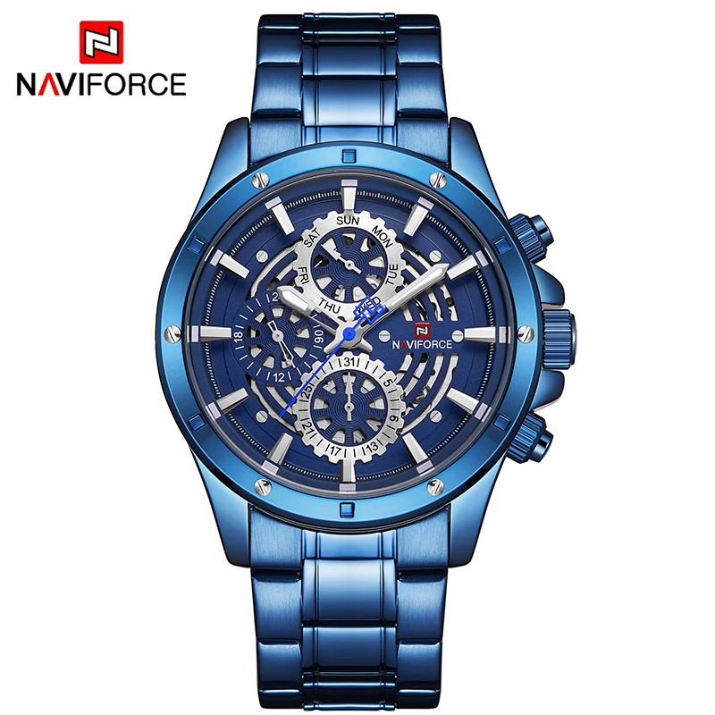 Blue White Бренд NAVIFORCE, топ класса люкс, часы для мужчин s, кварцевые часы с датой, полностью стальные водонепроницаемые спортивные наручные часы, Relogio Masculino - Цвет: Blue White