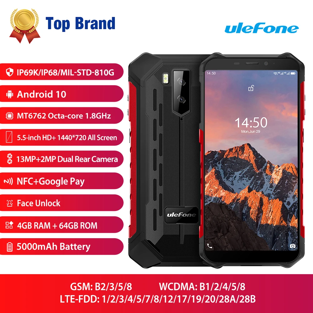 

Ulefone Armor X5 Pro Rugged Waterproof Smartphone Android 10.0 Cell Phone NFC 4G LTE Mobile Phone 4GB+64GB Octa-core Processor