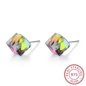 

Blue Cube Stud Earrings for Women 925 Sterling Silver Austrian Crystal Rhinestone Earring Wedding Korean Jewelry BSE208