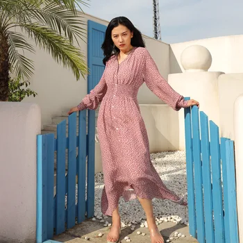 

2020 autumn vintage French floral purple V-neck waist slimming silk women dress