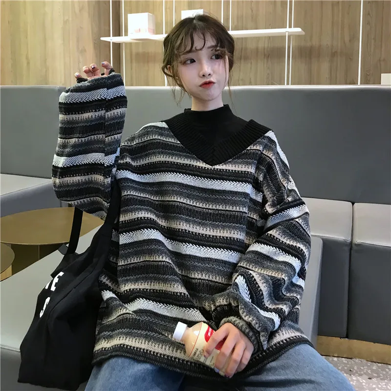 Harajuku Sweater Pullover Winter Clothing Women's Loose Plus Size Striped V-neck Korean Tops Student Kawaii Girls Knit Sweaters | Женская