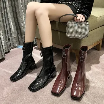 

Brand Women's Shoes Zipper Med Heel Boots Booties Ladies Boots-women Fashion 2020 Autumn Leather Rubber Rock Mid Calf Mid-Calf