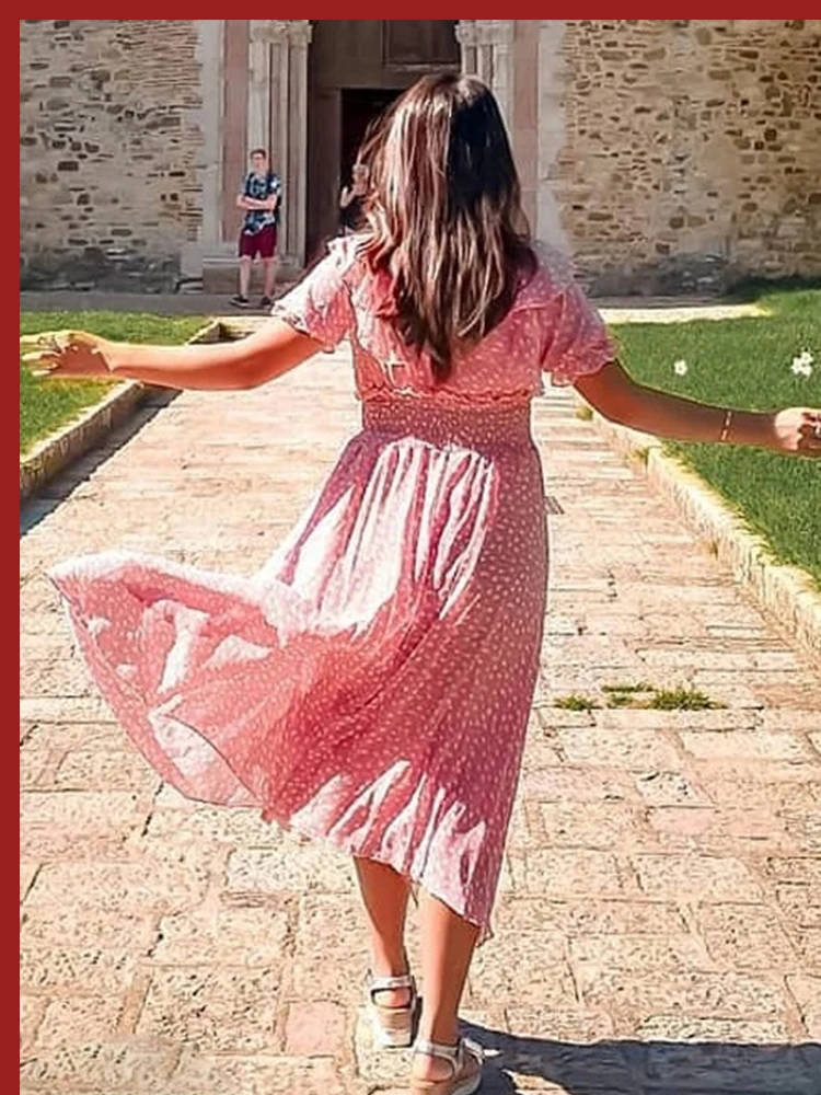 Sheinside Boho платье с v-образным вырезом и цветочным принтом для женщин, лето, рукав-волан, высокая талия, трапециевидные платья, женское платье миди в стиле бохо