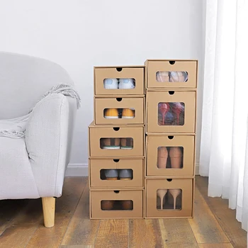 

3 PCS Thickened Kraft Cardboard Storage Box DIY Visible Cardboard Shoe Storage Boxes Hard Paper Drawer Shoebox Organizer