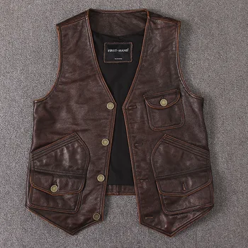 

Vintage Mens Vest Casual Genuine Leather Jacket Men Spring Autumn Sleeveless Coat Slim Vests Cow Leather Jackets 19327 KJ2286