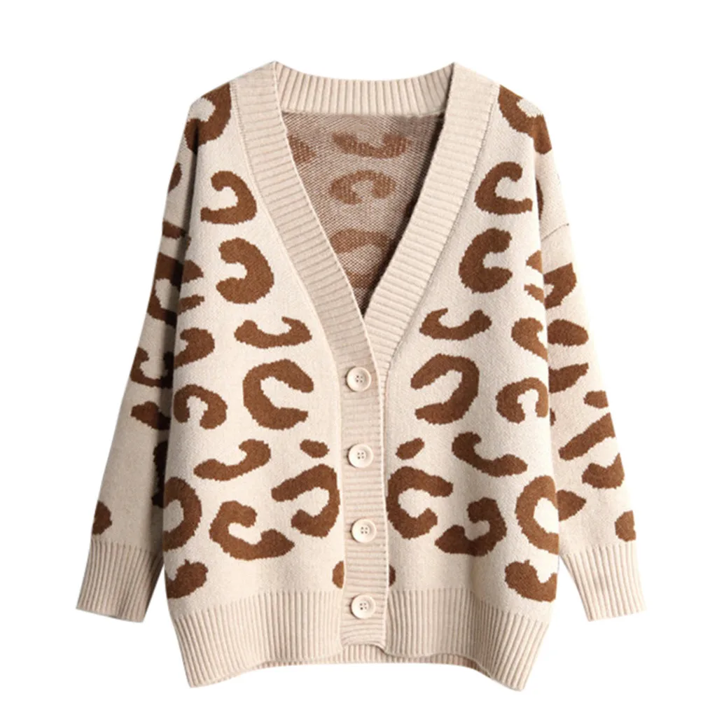 

Fashion Leopard Printing Cardigan Knitted Loose Long Sleeve Overcoat Autumn Ladies Sweater Cardigan With Button #T